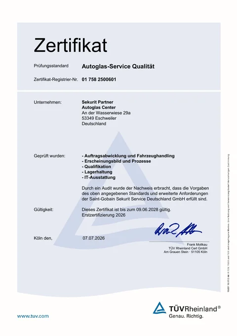 Zertifikat der TÜV Rheinland Cert GmbH: Autoglas-Service Qualität